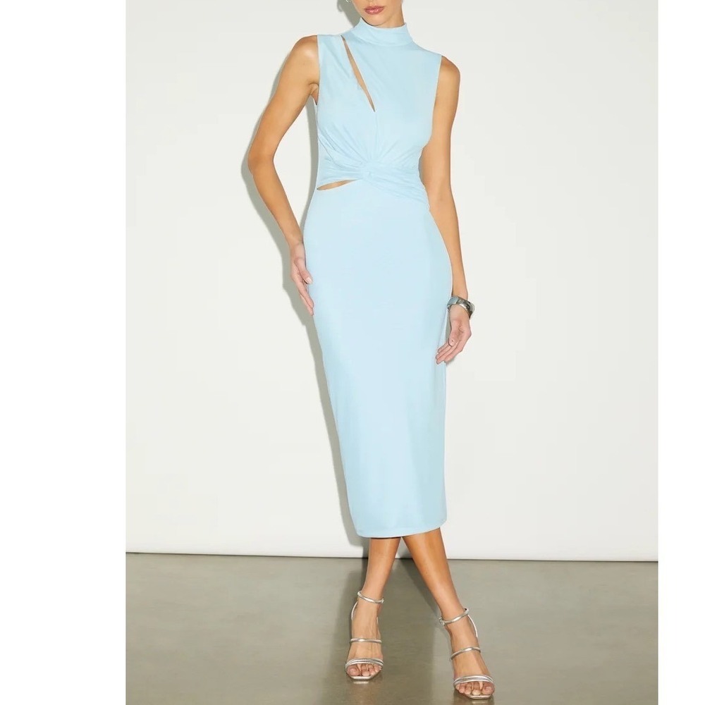Lulus Kamara Midi Dress Womens XS Light Blue Lined Mesh Cutout Knotted Mock Neck